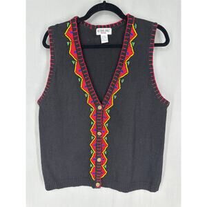 90s Vintage Vest Women Large Black Beaded Western Aztec Button Boho Bohemian